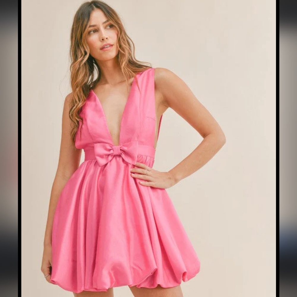 Flirty Hot Pink Deep-V Mini Dress with Waist Bow
